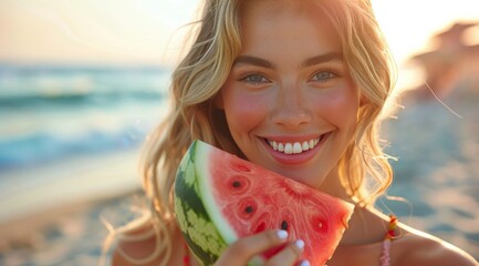 Woman Eating Slice of Watermelon on Beach