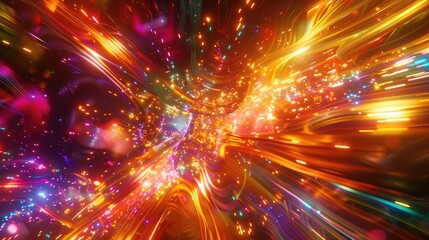 Wall Mural - dynamic amber hues colliding with neon flashes and an array of colors, creating a mesmerizing displa