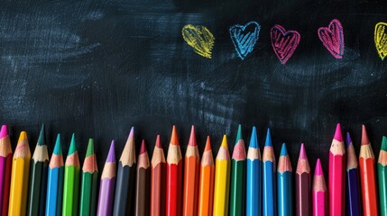 Canvas Print - School Supplies Colored markers and pencils set against a blackboard backdrop