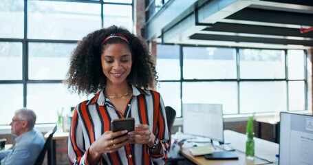 Aufkleber - Office, woman and smile with phone at work for communication, networking and market research. Happy, female person and walking with smartphone at agency for advertising, creative planning or feedback