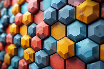 Wall Mural - Background of colorful wall made of hexagonal shapes. The colors are red, yellow, and blue. The wall is made of wood and has a unique design
