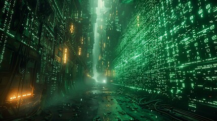 Wall Mural - A cybernetic vision of a labyrinth of coded messages and encrypted keys, with glowing green and blue codes, interwoven with mechanical components, set against a dark, industrial background.