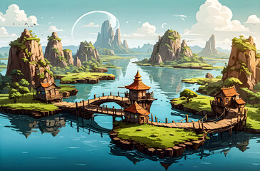 A series of floating islands in the sky, each with its unique ecosystem and connected by rickety wooden bridges vector art illustration generative AI.
