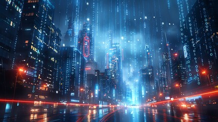 A digital collage of binary code streams flowing through a futuristic landscape, with glowing blue digits, overlaid on a complex cityscape at night.