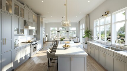 A bright and airy country kitchen with light grey cabinets, a white quartz island, and a dining area with a long dining table, flowing into a living area with large windows and contemporary furniture.