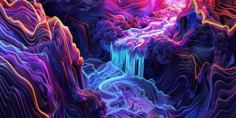 Wall Mural - cascading waves of neon light pulsating through a maze of intricate patterns, creating a surreal dig