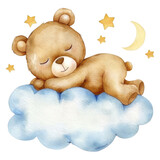 A cute brown teddy bear sleeps soundly on a fluffy white cloud, surrounded by twinkling stars and a crescent moon,  transparent background.