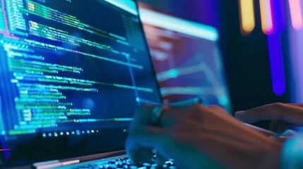 Developer debugging software on a laptop, close-up on the screen with code editor and error logs visible. 