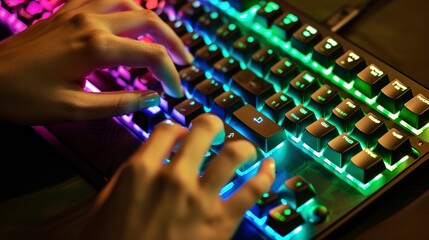 Poster - Close-up of hands typing rapidly on a backlit mechanical keyboard, vibrant key colors, coding session in progress. 