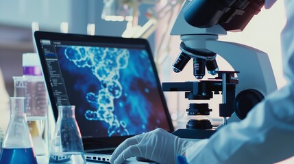 Poster - Lab technician using a digital microscope connected to a laptop, close-up, detailed cell imaging on screen. 