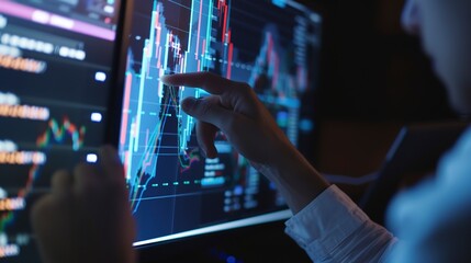 Wall Mural - Financial analyst reviewing blockchain data on a monitor, close-up, complex algorithms for secure transactions.