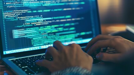 Fintech developer coding a new banking software, close-up on laptop screen with lines of code and financial APIs.