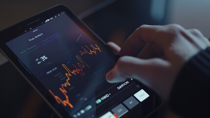 Wall Mural - Close-up of an investment app displaying stock market trends, user scrolling through growth charts. 