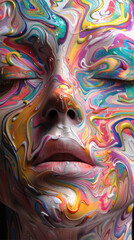 Wall Mural - the face of a woman wearing a colorful face with colorful swirls, in the style of hyper-realistic sci-fi, surrealistic grotesque