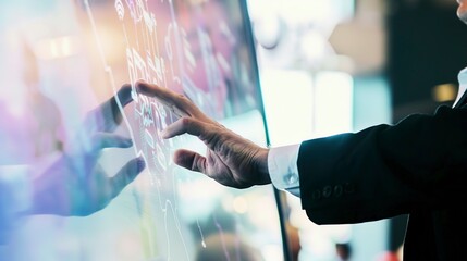 Sticker - Detailed view of a presenter using a touchscreen to illustrate tech advancements during an expo seminar. 