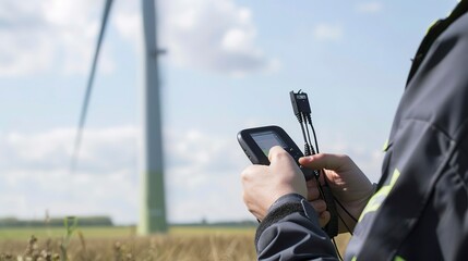 Canvas Print - Engineer inspecting wind turbine controls in a field, close-up on the handheld device showing real-time stats. 