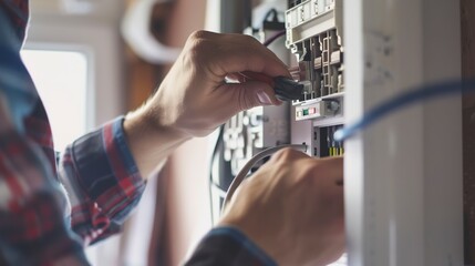 Poster - Technician installing a home energy management system, close-up of the digital display and wiring. 