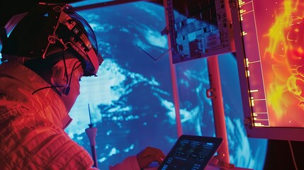 Canvas Print - Technician monitoring thermal imaging from a satellite, close-up on the display showing heat signatures in space.