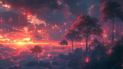 Poster - A digital illustration of Synthetic Dreams, depicting a surreal landscape where digital trees and clouds morph into binary codes and pixels, set against a twilight sky.