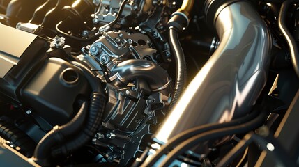 Canvas Print - Hybrid car engine, detailed close-up of components, natural garage light