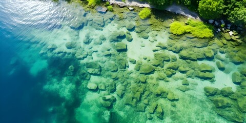 Wall Mural - Aerial View of Expansive Algae Bloom in Lake with Vibrant Greens and Blues. Concept Nature Photography, Aerial View, Algae Bloom, Lake, Vibrant Colors