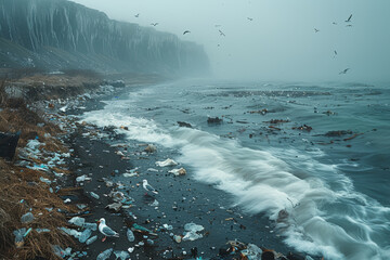 Sticker - A desolate stretch of coastline strewn with plastic debris, where the cries of seabirds are drowned out by the relentless roar of the ocean. Concept of plastic pollution. Generative Ai.