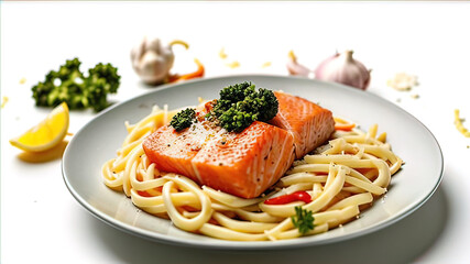 Wall Mural - delicious salmon and shrimp in a beautiful package on a white background, package of fettuccine, olive oil, salmon, shrimp, buccal dish