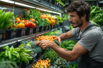 Wall Mural - A gardener growing vegetables in vertical planters. Concept of space-saving gardening. Generative Ai.