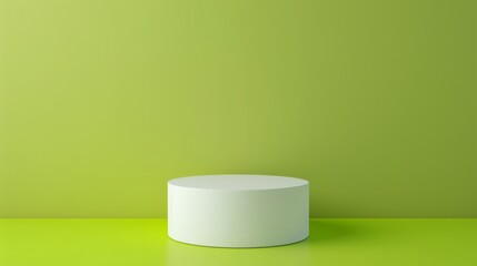 Leinwandbilder - A white, circular pedestal is placed against a lime green backdrop in a minimalist room, offering a clean and modern display area.