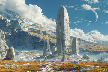 Poster - A spaceship landing in an ancient stone circle. Concept of future vs. past. Generative Ai.