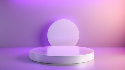 Poster - Circular white platform against a gradient purple-pink background illuminated by gentle studio lights. Minimalistic design creates a serene, modern aesthetic.