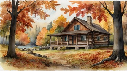 Canadian wooden house in the autumn forest