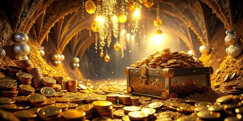 Beautiful golden treasure cave filled with sparkling jewels and coins , treasure, cave, gold, wealth, rich, luxury, precious, gems, shine, underground, discovery, hidden, abundance