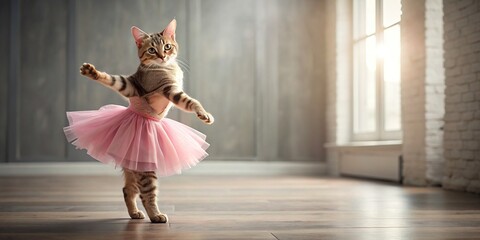 Cat ballerina in pink tutu dancing gracefully in an empty room , feline, dancer, ballet, adorable, animal, cute, performance, whimsical, tutu, pink, ballet shoes, dance, graceful, elegant
