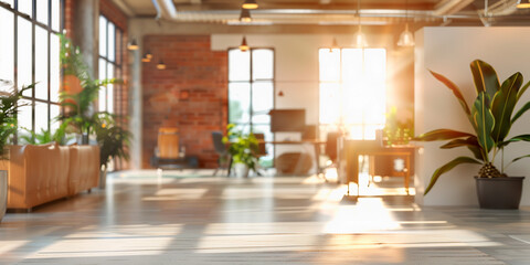 Wall Mural - Front view of a loft open space office interior Blur background. Modern office interior