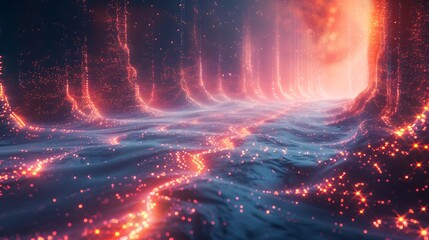 Wall Mural - A surreal visualization of silicon chip pathways, with pulsating electronic signals depicted as luminous beams of light piercing through a misty, ethereal landscape.