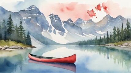 canoe against the backdrop of the canadian mountains. flag of canada.