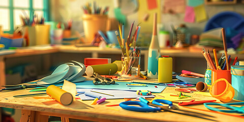 Crafting Corner: A table covered in various arts and crafts supplies, including glue, scissors, and construction paper