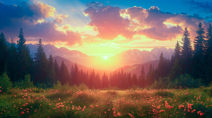 Wall Mural - Summer landscape with sun rays