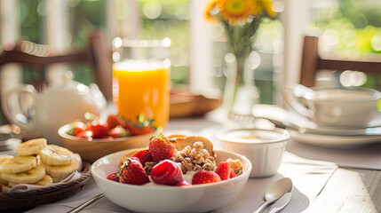 Wall Mural - Delicious varied healthy breakfast with berries and fruits