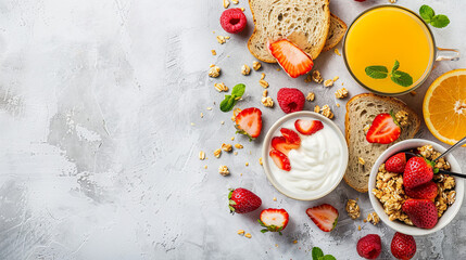 Wall Mural - Delicious varied healthy breakfast with berries and fruits