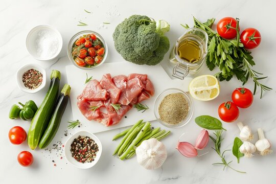 Healthy ingredients for a keto diet meal including raw chicken, fresh vegetables, and spices