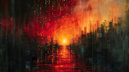 Poster - An abstract painting of binary code streams flowing through a futuristic landscape, with vibrant red and yellow digits, set against a dark background with circuit patterns.