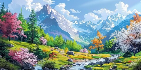 Wall Mural - Beautiful mountain landscape. 4 seasons. All seasons in one painting. Blooming forest. Mountain stream. Winter, spring, summer, autumn.