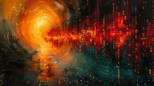 An abstract painting of binary code streams flowing through a futuristic landscape, with vibrant red and yellow digits, set against a dark background with circuit patterns.
