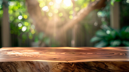 Wall Mural - Empty warm acacia wooden table  in blurred background for product display in a coffee shop, local market or bar