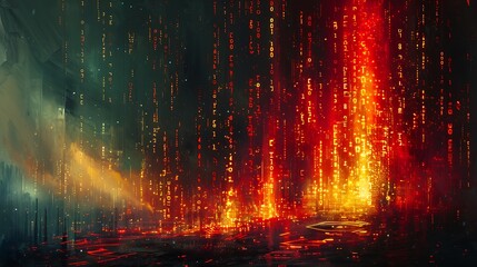 Wall Mural - An abstract painting of binary code streams flowing through a futuristic landscape, with vibrant red and yellow digits, set against a dark background with circuit patterns.