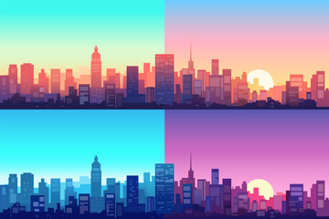 Wall Mural - Cityscapes with tall skyscrapers, office buildings at different times of the day and year. Set of city business districts. Day, night, morning, evening. Sunrise and sunset in city. Vector illustration
