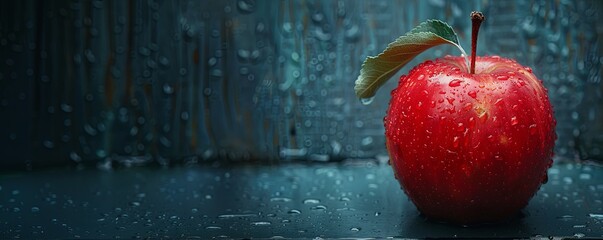 Wall Mural - Red apple is sitting on a wet surface. Concept of freshness and natural beauty