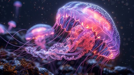 Wall Mural - Stunning neon jellyfish in the depths of the ocean.